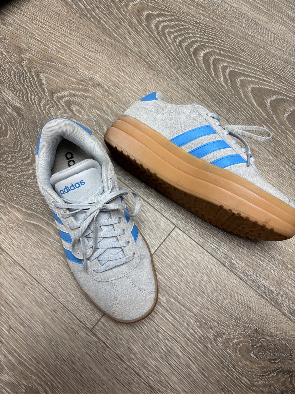 Adidas Cloud foam Light Gray suede finish platform Sneakers with Blue Stripes